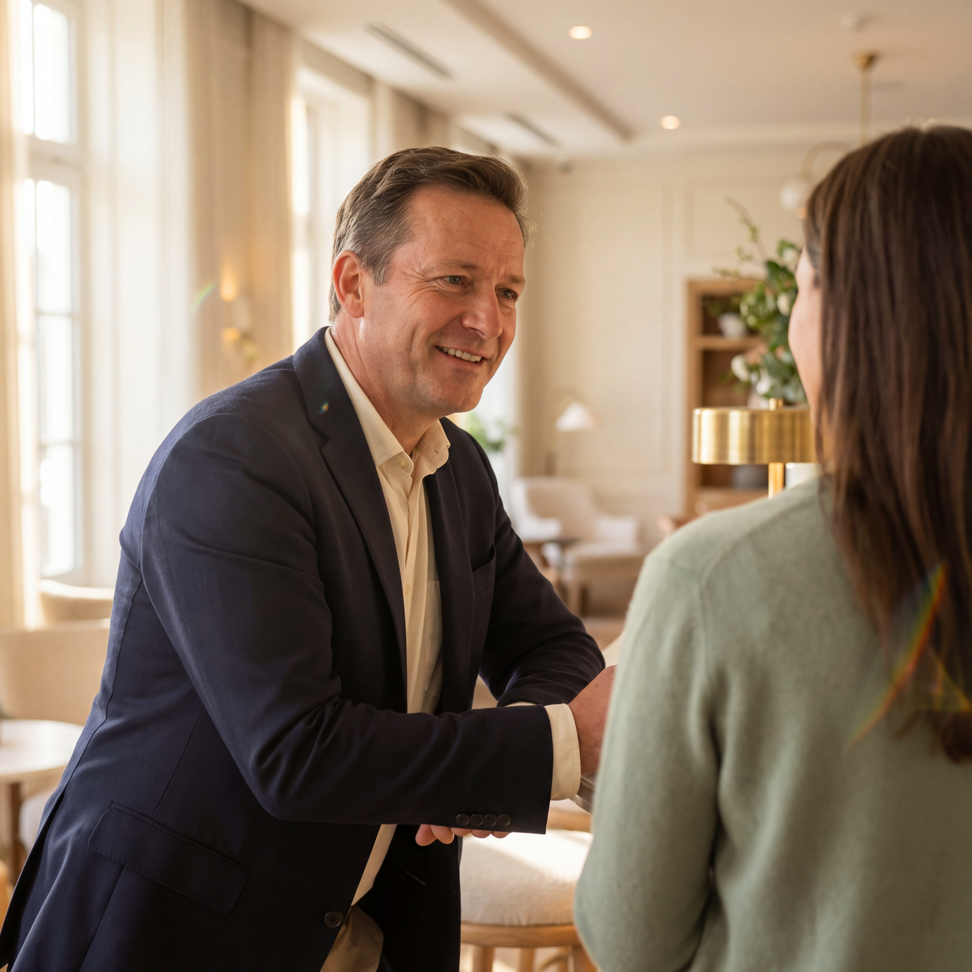 Hotelier im persönlichen Gespräch mit einem Gast in der Hotellobby
